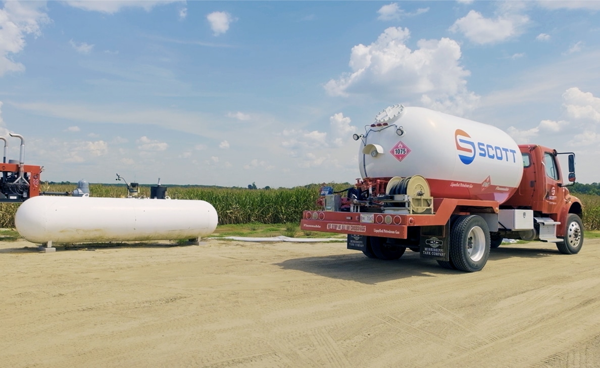 Propane truck in field for propane delivery