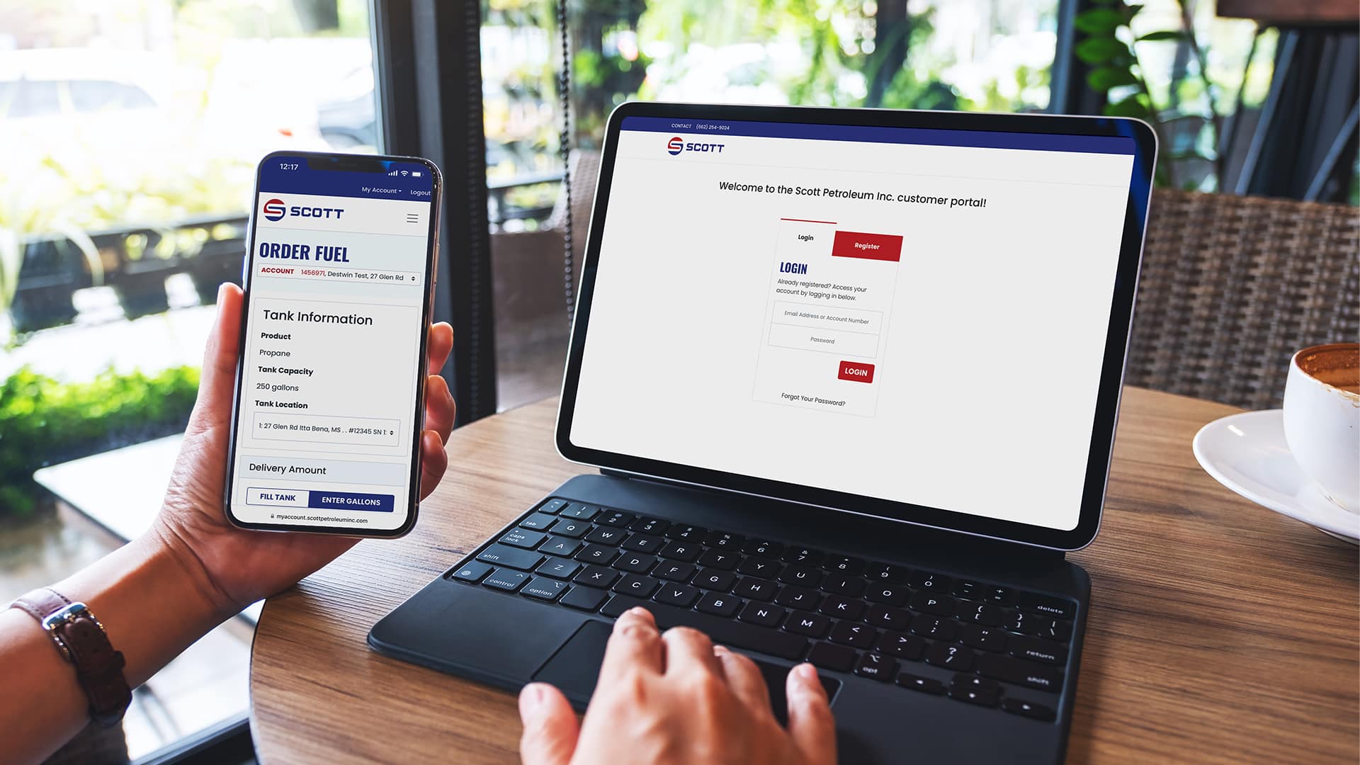 Computer and phone screens showing the Scott Petroleum online portal